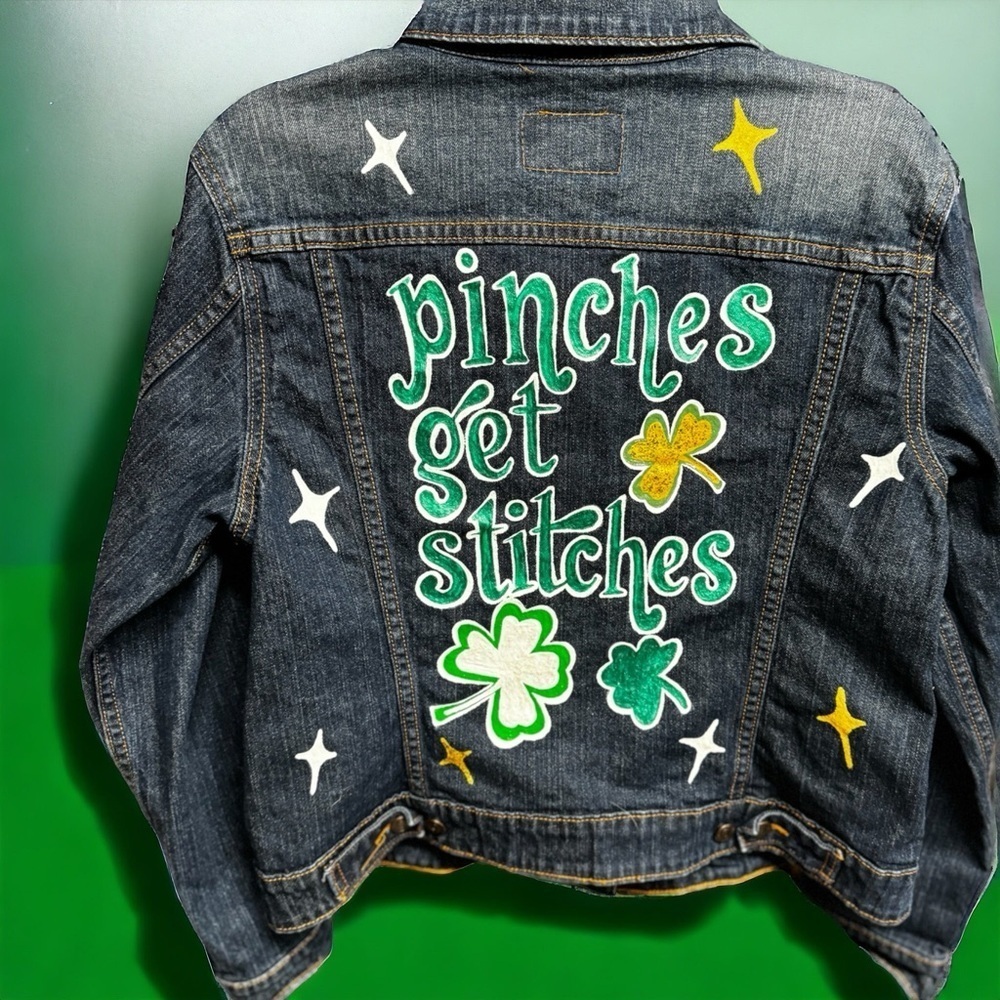 Hand Painted Jean Jacket: “Pinches Get Stitches”, St Patrick’s Day, Ladies XL